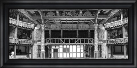 Framed Interiors of a stage theater, Globe Theatre, London, England BW Print