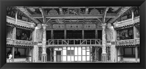 Framed Interiors of a stage theater, Globe Theatre, London, England BW Print