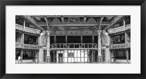 Framed Interiors of a stage theater, Globe Theatre, London, England BW Print