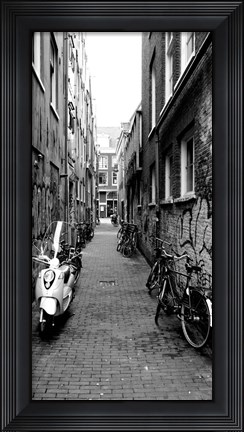 Framed Scooters and bicycles parked in a street, Amsterdam, Netherlands Print