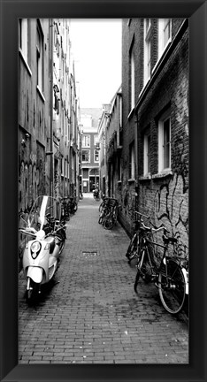 Framed Scooters and bicycles parked in a street, Amsterdam, Netherlands Print