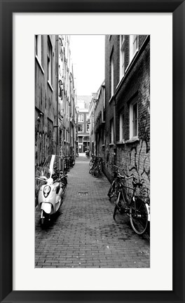 Framed Scooters and bicycles parked in a street, Amsterdam, Netherlands Print