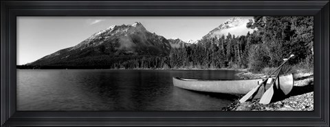 Framed Canoe in lake in front of mountains, Leigh Lake, Rockchuck Peak, Teton Range, Wyoming Print