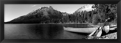 Framed Canoe in lake in front of mountains, Leigh Lake, Rockchuck Peak, Teton Range, Wyoming Print
