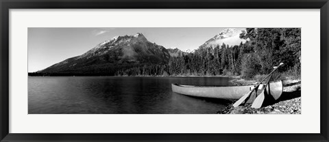 Framed Canoe in lake in front of mountains, Leigh Lake, Rockchuck Peak, Teton Range, Wyoming Print