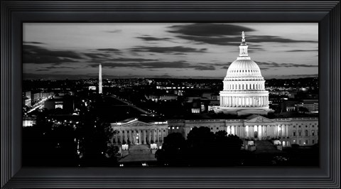 Framed High angle view of a city lit up at dusk, Washington DC Print