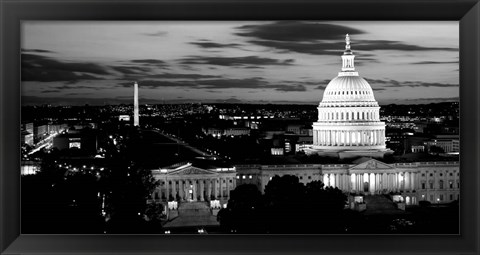 Framed High angle view of a city lit up at dusk, Washington DC Print