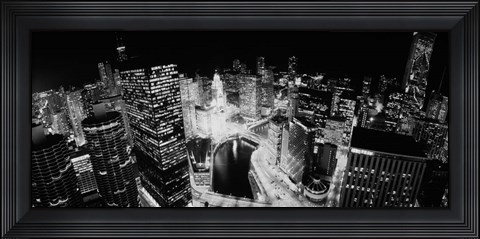 Framed Illinois, Chicago, Chicago River, High angle view of the city at night Print