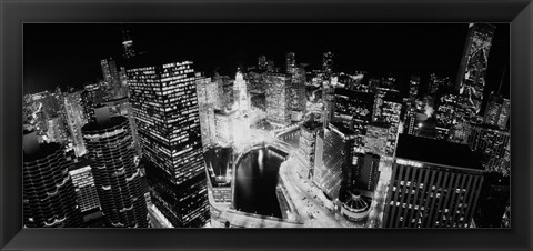 Framed Illinois, Chicago, Chicago River, High angle view of the city at night Print
