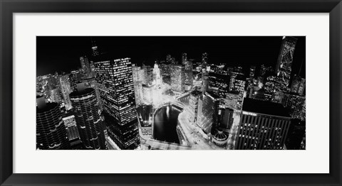 Framed Illinois, Chicago, Chicago River, High angle view of the city at night Print