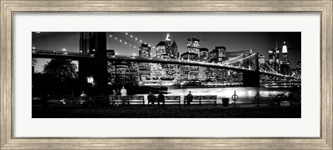 Framed Suspension bridge lit up at dusk, Brooklyn Bridge, Manhattan, NY Print