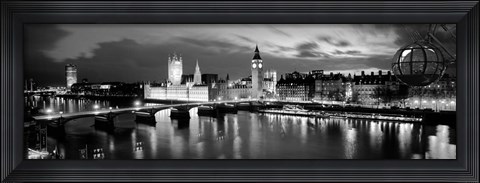 Framed Buildings lit up at dusk, Big Ben, Houses Of Parliament, London, England BW Print
