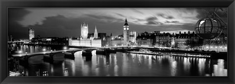 Framed Buildings lit up at dusk, Big Ben, Houses Of Parliament, London, England BW Print