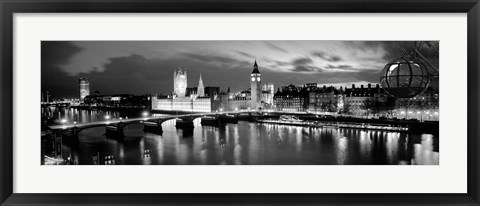 Framed Buildings lit up at dusk, Big Ben, Houses Of Parliament, London, England BW Print