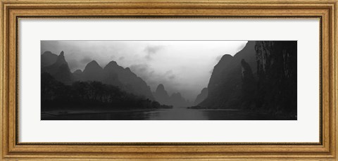 Framed River passing through a hill range, Guilin Hills, Li River, Yangshuo, China BW Print