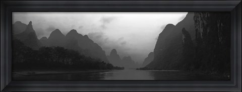 Framed River passing through a hill range, Guilin Hills, Li River, Yangshuo, China BW Print