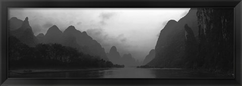 Framed River passing through a hill range, Guilin Hills, Li River, Yangshuo, China BW Print