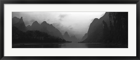 Framed River passing through a hill range, Guilin Hills, Li River, Yangshuo, China BW Print