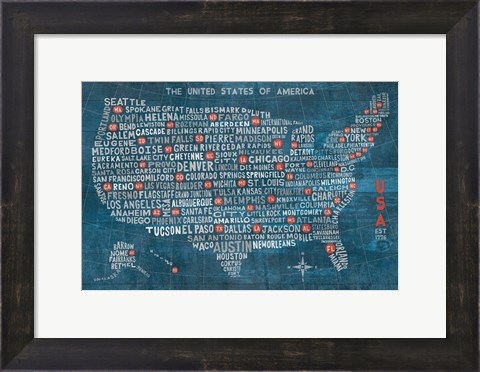 Framed US City Map on Wood Blue Print