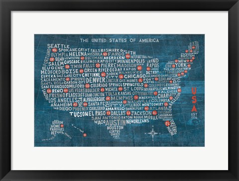 Framed US City Map on Wood Blue Print