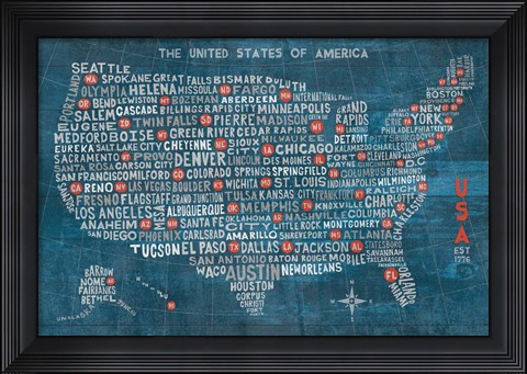 Framed US City Map on Wood Blue Print