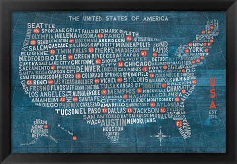 Framed US City Map on Wood Blue Print