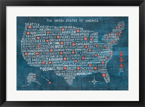 Framed US City Map on Wood Blue Print