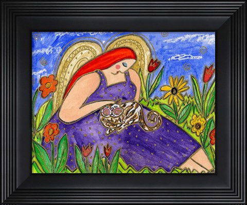 Framed Big Diva Angel Comforting Kitty Cat Print