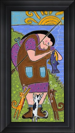 Framed Big Diva Fishing With Cats Print