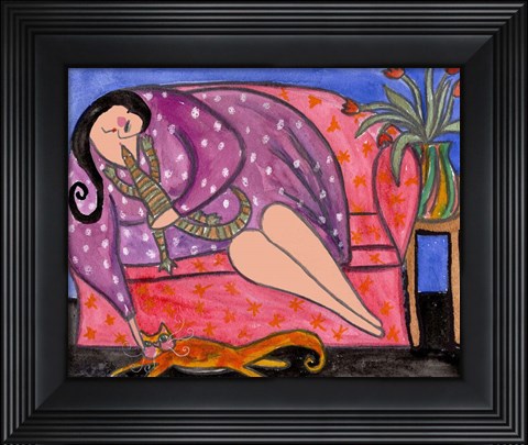 Framed Big Diva Lounging With Lizard &amp; Kitty Print