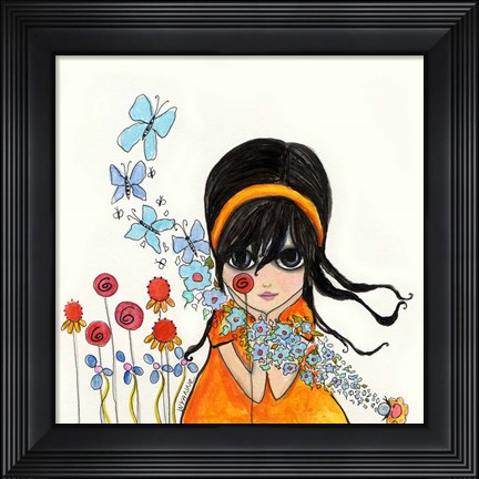 Framed Big Eyed Girl Butterflies &amp; Bees Print