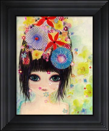 Framed Big Eyed Girl Raining Flowers Print
