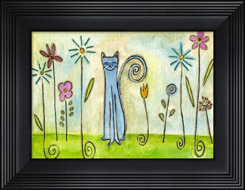 Framed Blue Cat In The Flower Garden Print