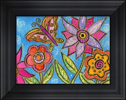 Framed Funky Flowers And Butterfly Print