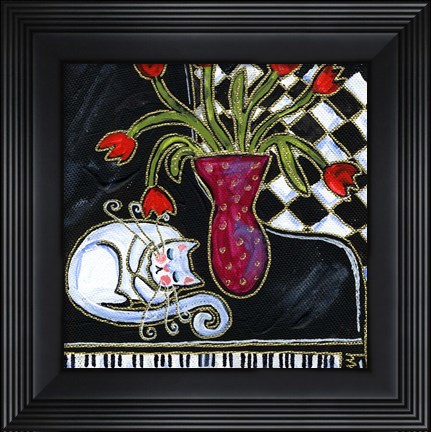 Framed Kitty Asleep On The Piano Print