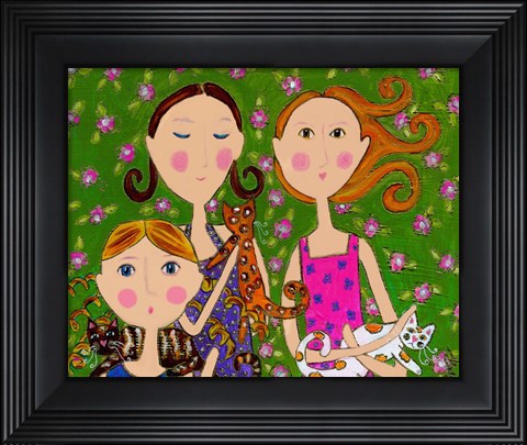 Framed Three Girls Three Kittens Print