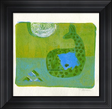 Framed Green Whale Monoprint Print