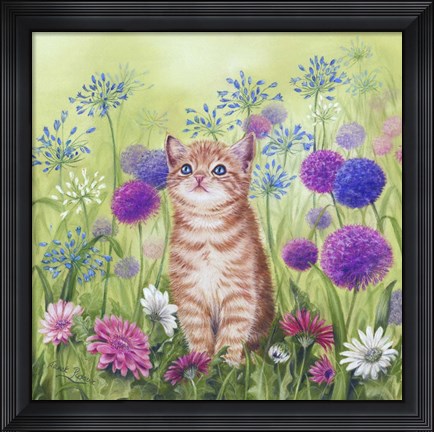 Framed Ginger Kitten In Flowers Print