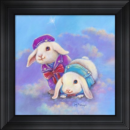 Framed Two Lop Eared Bunnies Mouse and Two Bunnies in Clouds I Print
