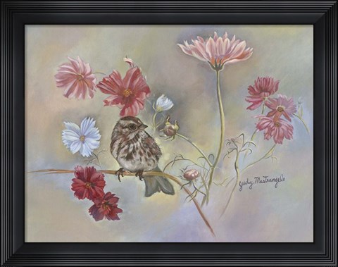 Framed Sparrow In Cosmos Flowers Print