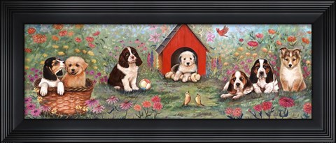 Framed Puppies And Doghouse Border Print