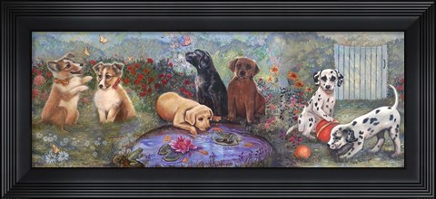 Framed Puppies And Pond Print