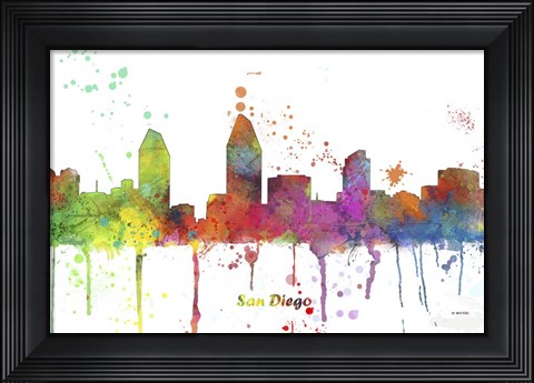 Framed San Diego California Skyline Multi Colored 1 Print