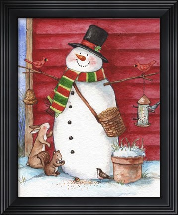 Framed Red Barn Snowman with Friends Print