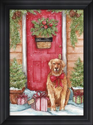 Framed Golden At Christmas Door Print