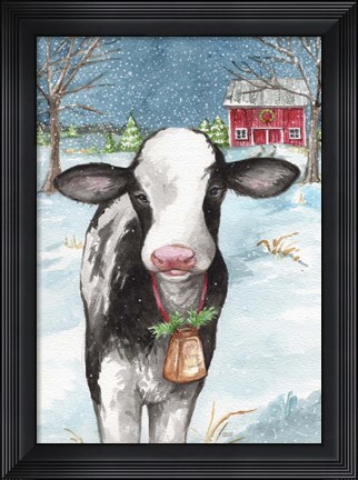 Framed Country Barn Christmas With Wreath Print