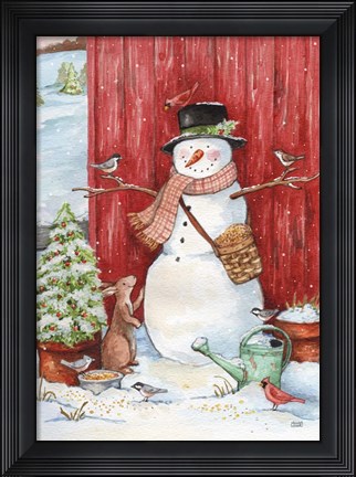 Framed Snowman with Birds and Flurries Print