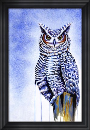 Framed Great Horned Owl In Blue Print
