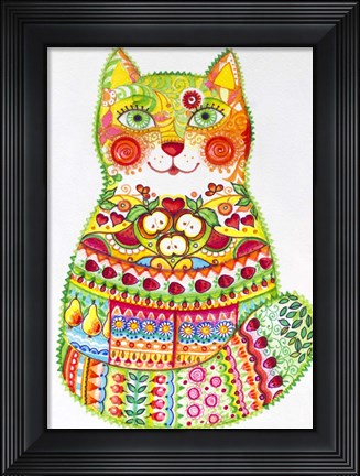 Framed Green Folk Cat 1 Print