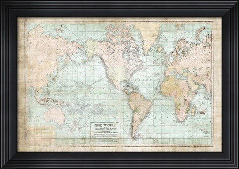 Framed World Map Vintage 1913 Print